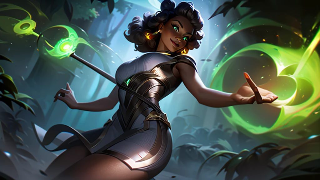 create ultra realistic image of a slim black woman with curly hair in a bun, green eyes holding a staff and glowing flames at the tip of the staff, She has a closed-mouth smile and is looking directly at the center of the image with the image centered on her face, behind her there is a forest and she wears a white dress