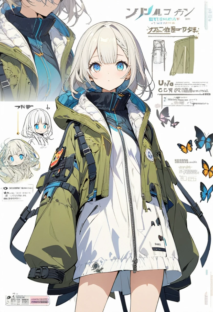 Butterflies are flying、Facing at an angle、Concept Art、1girl, stylish, stylish code, large jacket, simple white background、Beautifully detailed eyes、ultra detailed