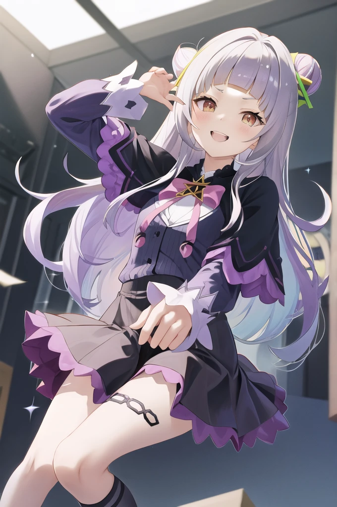 masterpiece、Highest quality、High resolution、Shion Murasaki、One girl、Long Hair、(One Bun:1.1)、Short eyebrows、Small breasts、hair band、Witch Hat、Pink bow tie、Black capelet、Pinstriped shirt、Long sleeve、abdomen、Black Skirt、triped knee socks、Ageing、Cowboy Shot、Are standing、Outdoor、smile、upper teeth、