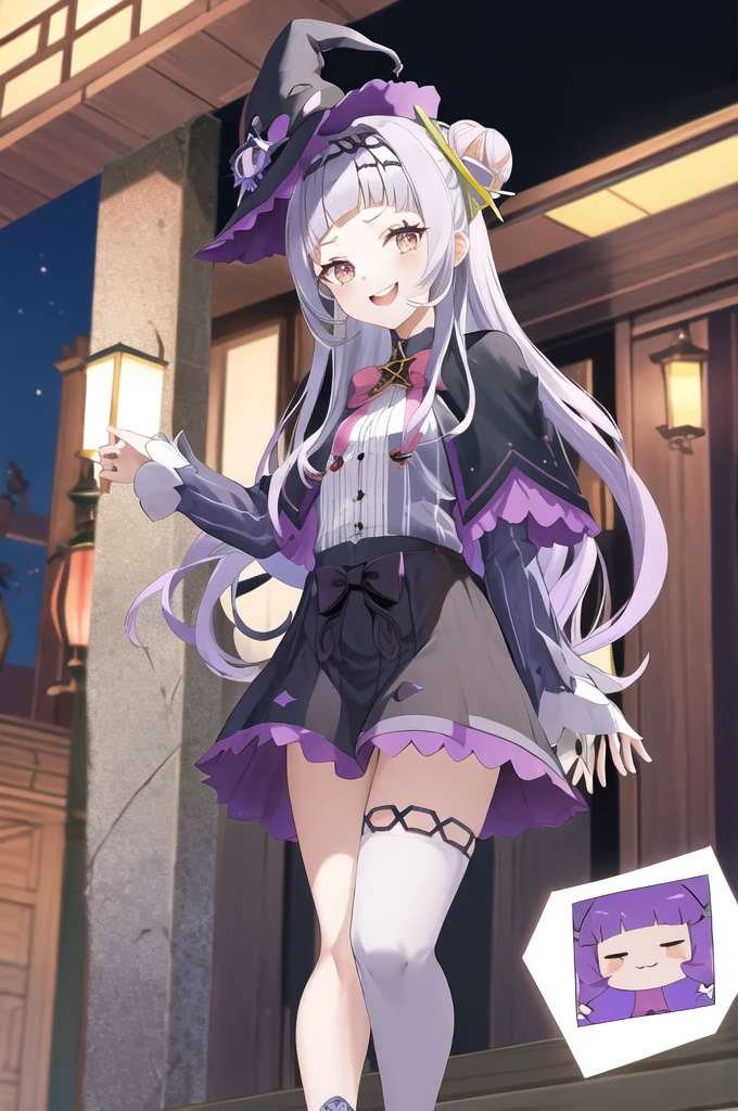 masterpiece、Highest quality、High resolution、Shion Murasaki、One girl、Long Hair、(One Bun:1.1)、Short eyebrows、Small breasts、hair band、Witch Hat、Pink bow tie、Black capelet、Pinstriped shirt、Long sleeve、abdomen、Black Skirt、triped knee socks、Ageing、Cowboy Shot、Are standing、Outdoor、smile、upper teeth、