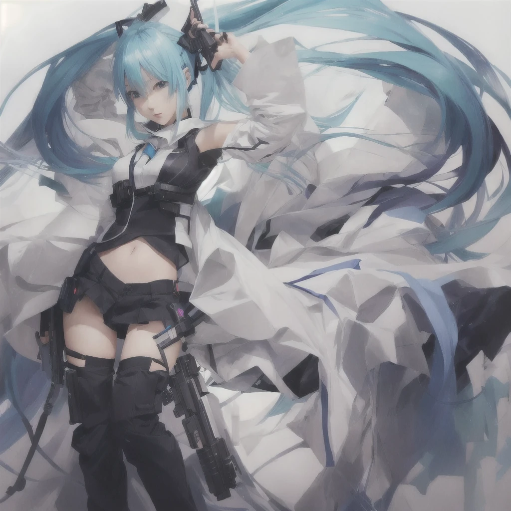 Blue hair and black pants、Anime girl holding a gun, Zerochan Art, digital art on Pixiv, Pixiv, by Shimo, High-resolution anime art, anime abstract art, Pixiv contest winner, HD artwork, Miku, Anime artwork, beautiful Anime artwork, hatsune Miku, Pixiv 3dcg, top rated on Pixiv