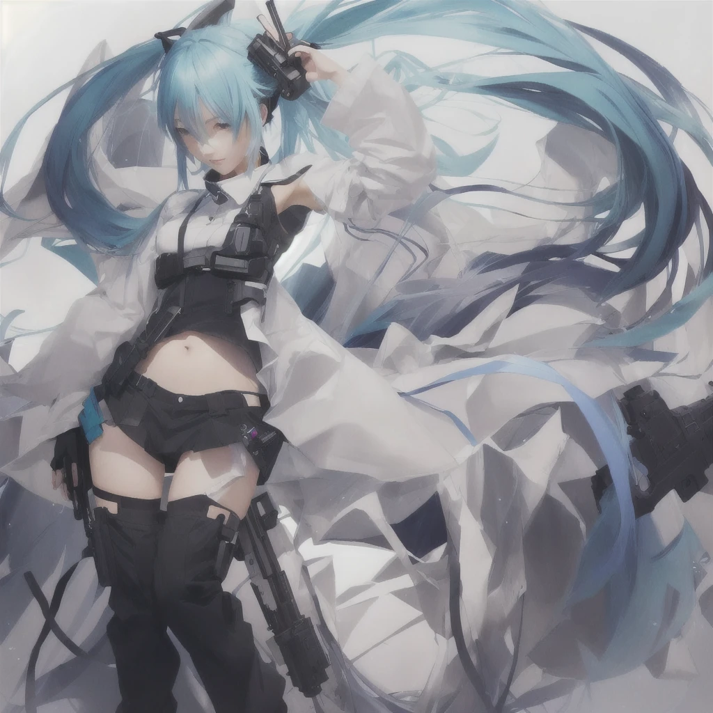 Blue hair and black pants、Anime girl holding a gun, Zerochan Art, digital art on Pixiv, Pixiv, by Shimo, High-resolution anime art, anime abstract art, Pixiv contest winner, HD artwork, Miku, Anime artwork, beautiful Anime artwork, hatsune Miku, Pixiv 3dcg, top rated on Pixiv