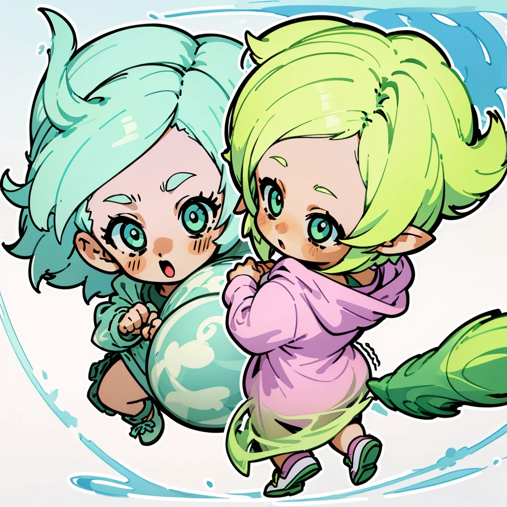 Character design similar to the provided image but with a different character. The new character is a young girl with short blue hair, wearing a similar oversized hoodie but in pastel green color with pink accents. She has round, expressive eyes, and her outfit includes pastel green sneakers. The character is shown in three different poses: front, side, and back views. The background is plain and simple to highlight the character design."