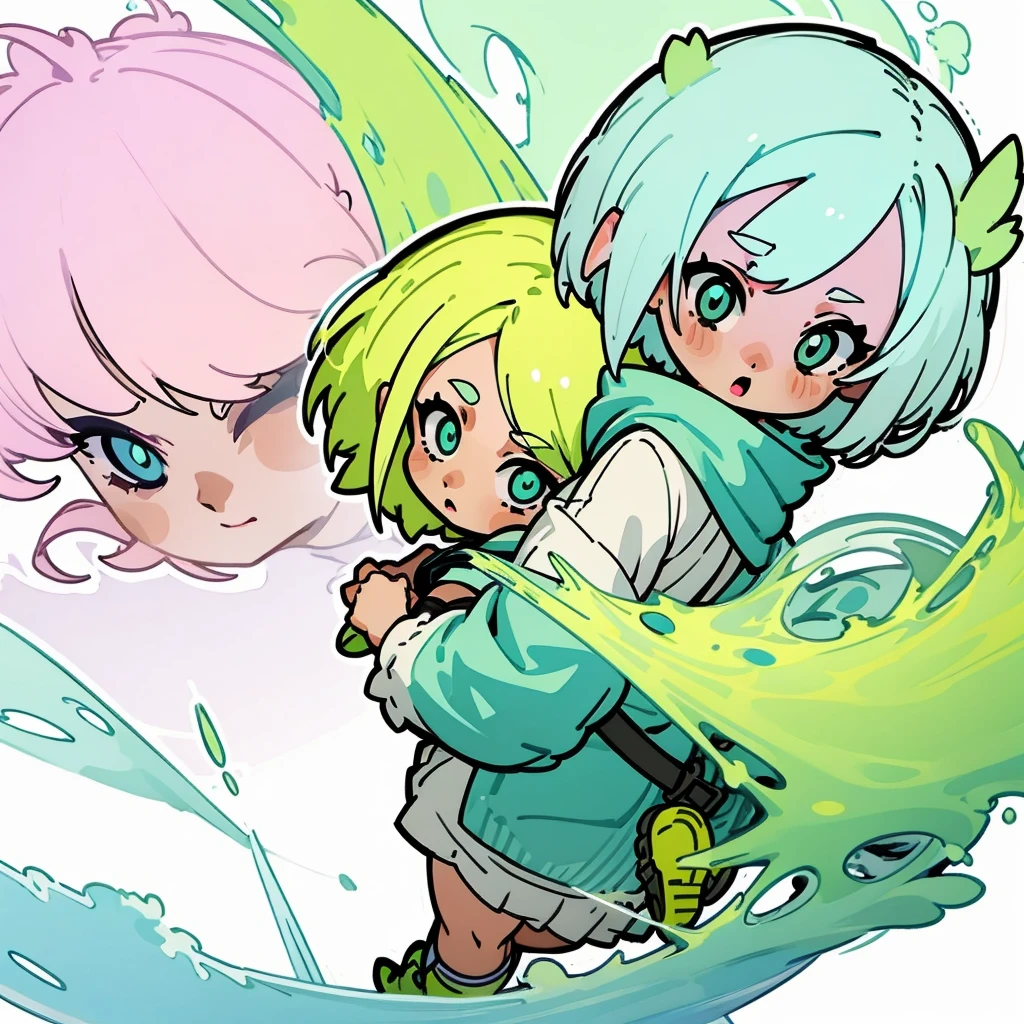 Character design similar to the provided image but with a different character. The new character is a young girl with short blue hair, wearing a similar oversized hoodie but in pastel green color with pink accents. She has round, expressive eyes, and her outfit includes pastel green sneakers. The character is shown in three different poses: front, side, and back views. The background is plain and simple to highlight the character design."