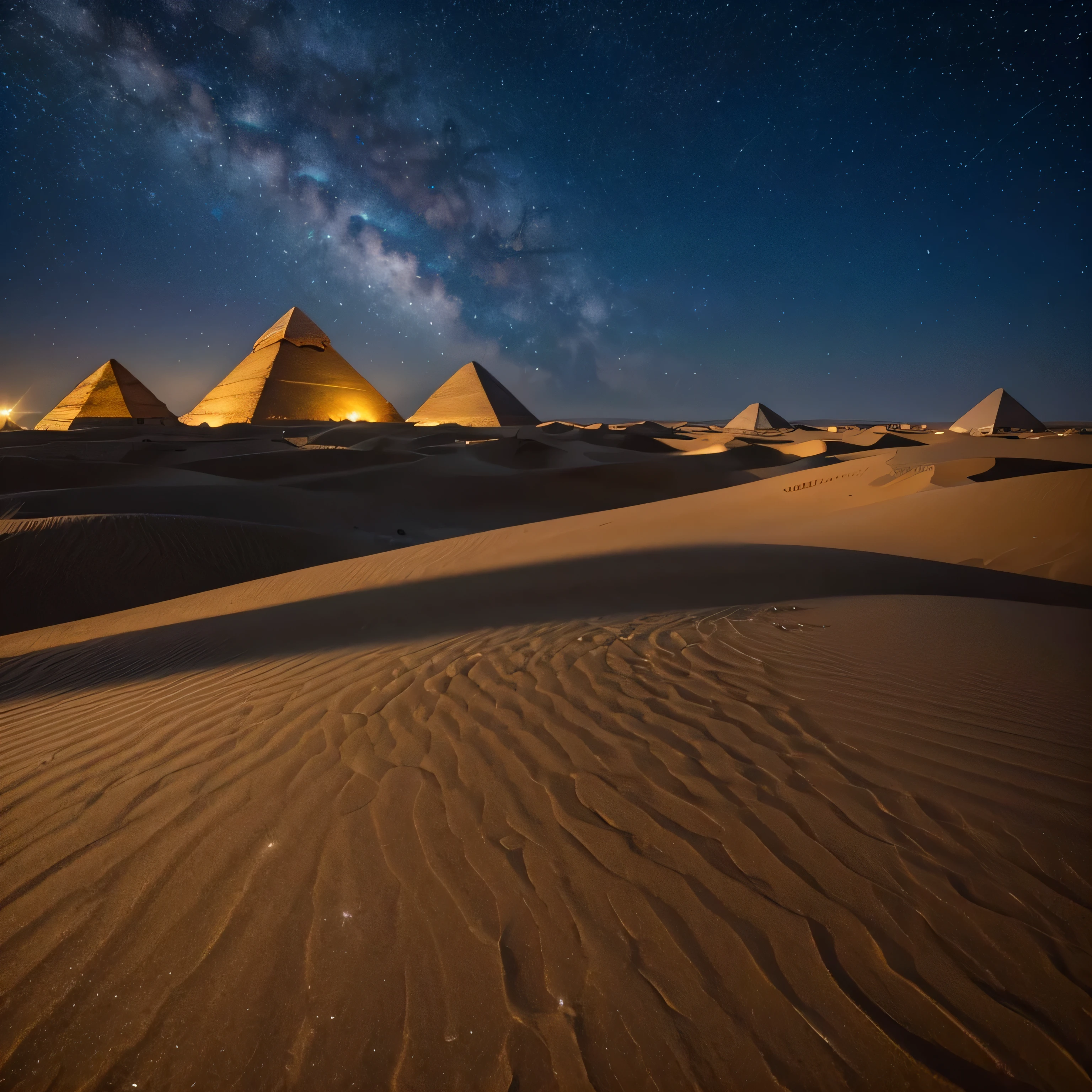 create a photo of the desert at night with sand dunes and the pyramids of Egypt with many stars in the sky and you can see the galaxies too