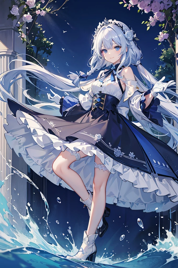 A woman with white hair and blue eyes、adult、Long, fluffy wavy hair、Braiding、Wearing hair ornaments、Smiling、Princess、White gloves、Blue-tinted dress、ribbon、Wave pattern、Decorations such as roses and drops、race、The dress is short in the front and long in the back、Wearing a cape、Garter Ring、short boots、water、Fantasy