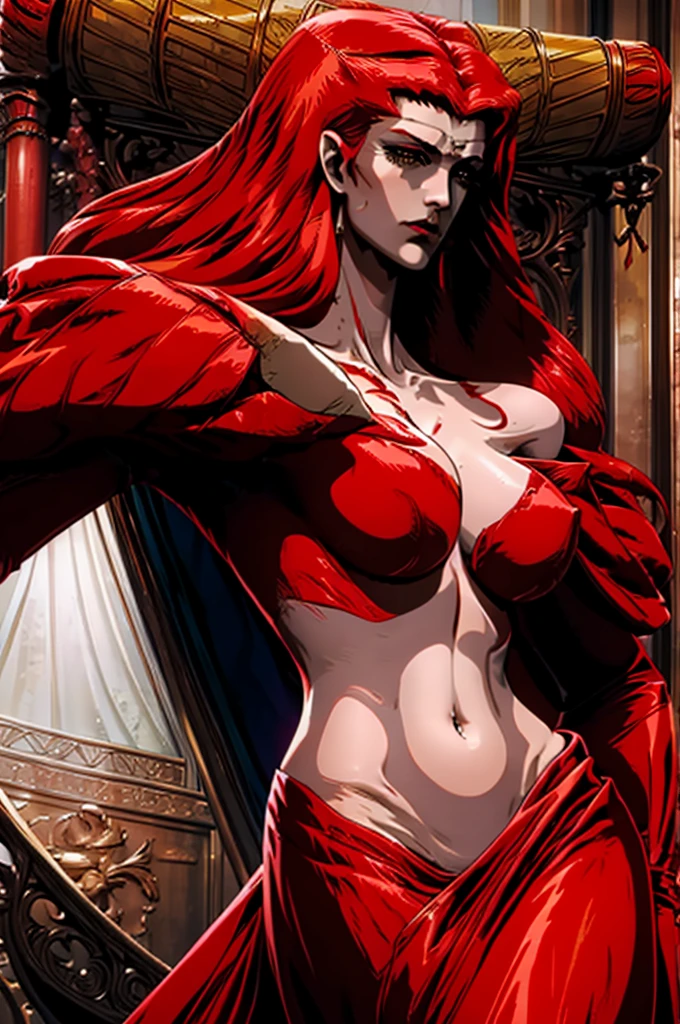 Naked,large breasts,looking at her side profile,beautiful face,bloody,red skin,rising from her tomb,long red hair in dense curls,long slender body,stomach