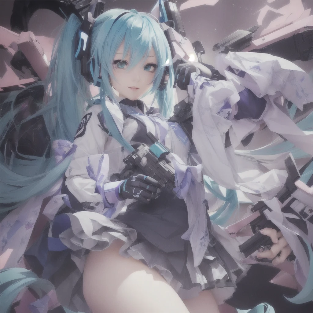 Anime girl with blue hair and black gloves holding a gun, Zerochan Art, Miku, Nightcore, Mikudayo, Pixiv contest winner, hatsune Miku, Anime Monster Girl, digital art on Pixiv, Pixiv 3dcg, Anime Style 4k, change, Pixiv, hatsune Miku portrait, Splash art anime