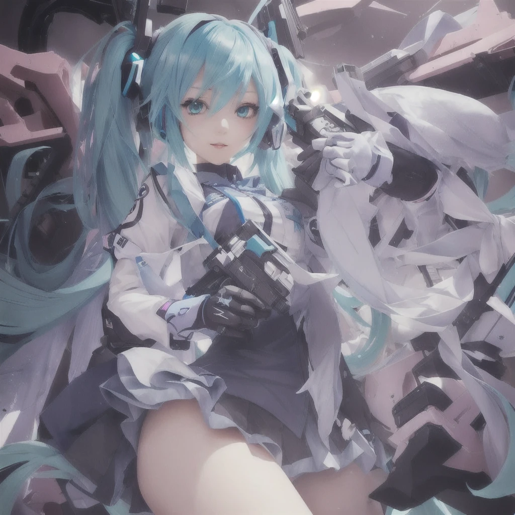 Anime girl with blue hair and black gloves holding a gun, Zerochan Art, Miku, Nightcore, Mikudayo, Pixiv contest winner, hatsune Miku, Anime Monster Girl, digital art on Pixiv, Pixiv 3dcg, Anime Style 4k, change, Pixiv, hatsune Miku portrait, Splash art anime