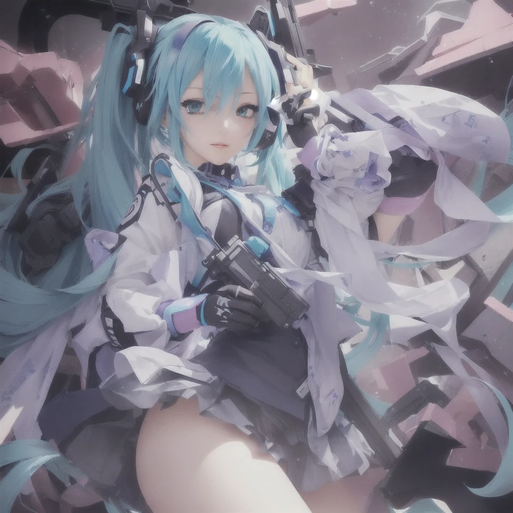 Anime girl with blue hair and black gloves holding a gun, Zerochan Art, Miku, Nightcore, Mikudayo, Pixiv contest winner, hatsune Miku, Anime Monster Girl, digital art on Pixiv, Pixiv 3dcg, Anime Style 4k, change, Pixiv, hatsune Miku portrait, Splash art anime