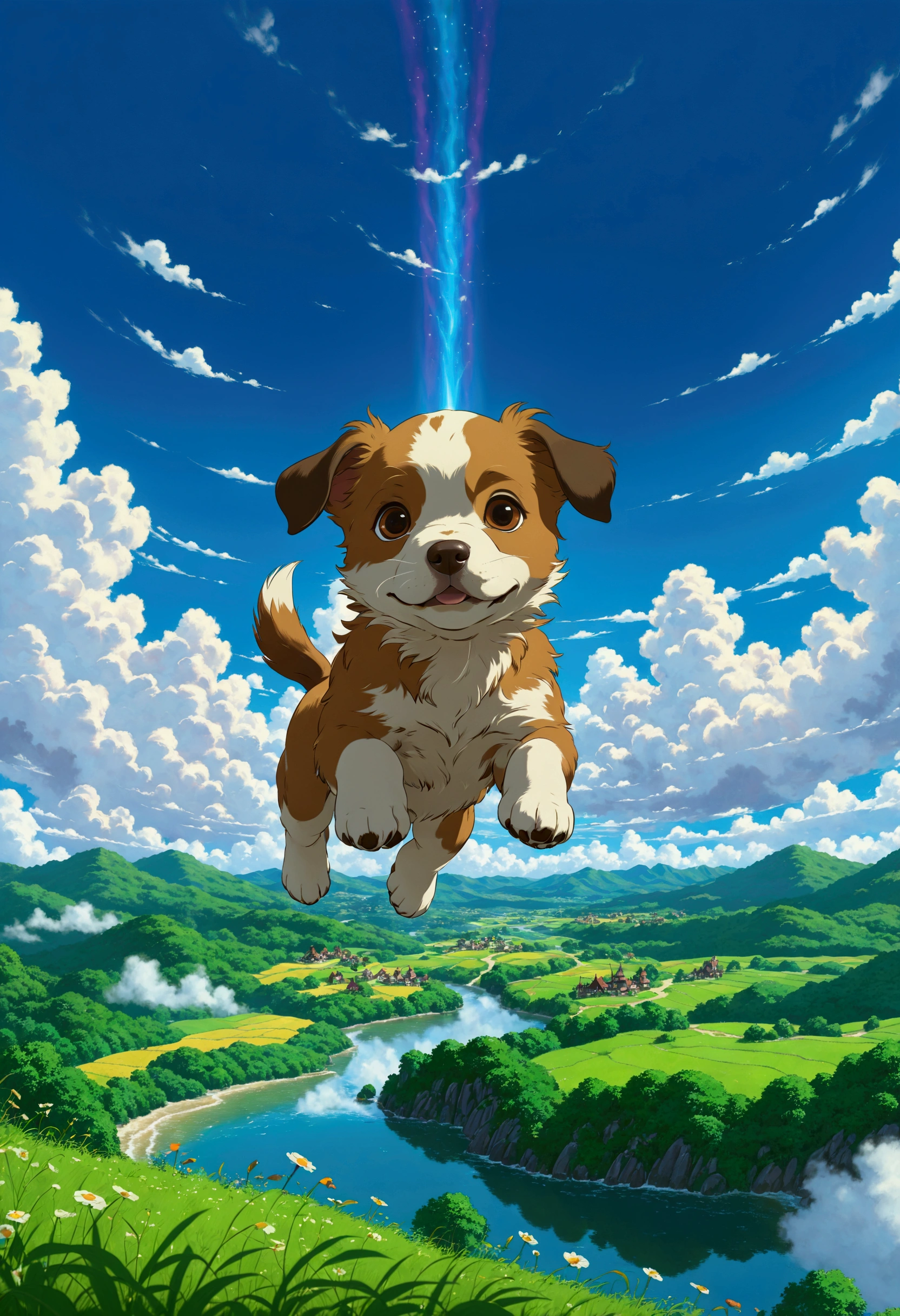Create a breathtaking, ultra-high-definition image in 16K resolution that captures the whimsical and magical essence of a fantasy world, inspired by the art style of Studio Ghibli. |Visualize a cute flying puppy, its body gracefully gliding through the sky. The puppy's fur should be a rich shade of brown with intricate patterns and markings, giving it a happy, magical appearance. Its eyes are expressive, reflecting a sense of curiosity and loyalty. | The scene is set in a vast, open sky filled with fluffy, painterly clouds that evoke a sense of wonder and tranquility. Below, the landscape is a lush, verdant world with rolling hills, dense forests, and sparkling rivers, reminiscent of Studio Ghibli's enchanting backgrounds. The lighting is soft and warm, with rays of sunlight filtering through the clouds, casting a golden glow on the flying puppy and the scenery below.| Capture the puppy in a dynamic pose as it soars majestically through the sky. The camera angle should emphasize the puppy's cuteness and the vastness of the sky, creating a sense of magic and wonder. The puppy's body should have a textured, almost tactile quality, with detailed fur patterns that highlight its fantastical nature. | The overall ambiance should integrate vibrant colors and rich details, creating a sense of depth and immersion in the fantasy world. Ensure anatomical correctness, with a focus on ultra-detailed textures and high-quality rendering, capturing every nuance of the puppy's appearance and the ethereal beauty of its surroundings. This masterpiece should embody the spirit of adventure and magic, immersing viewers in its lifelike depiction. |  ((perfect_composition, perfect_design, perfect_layout, perfect_detail, ultra_detailed)), ((enhance_all, fix_everything)), More Detail, Enhance.