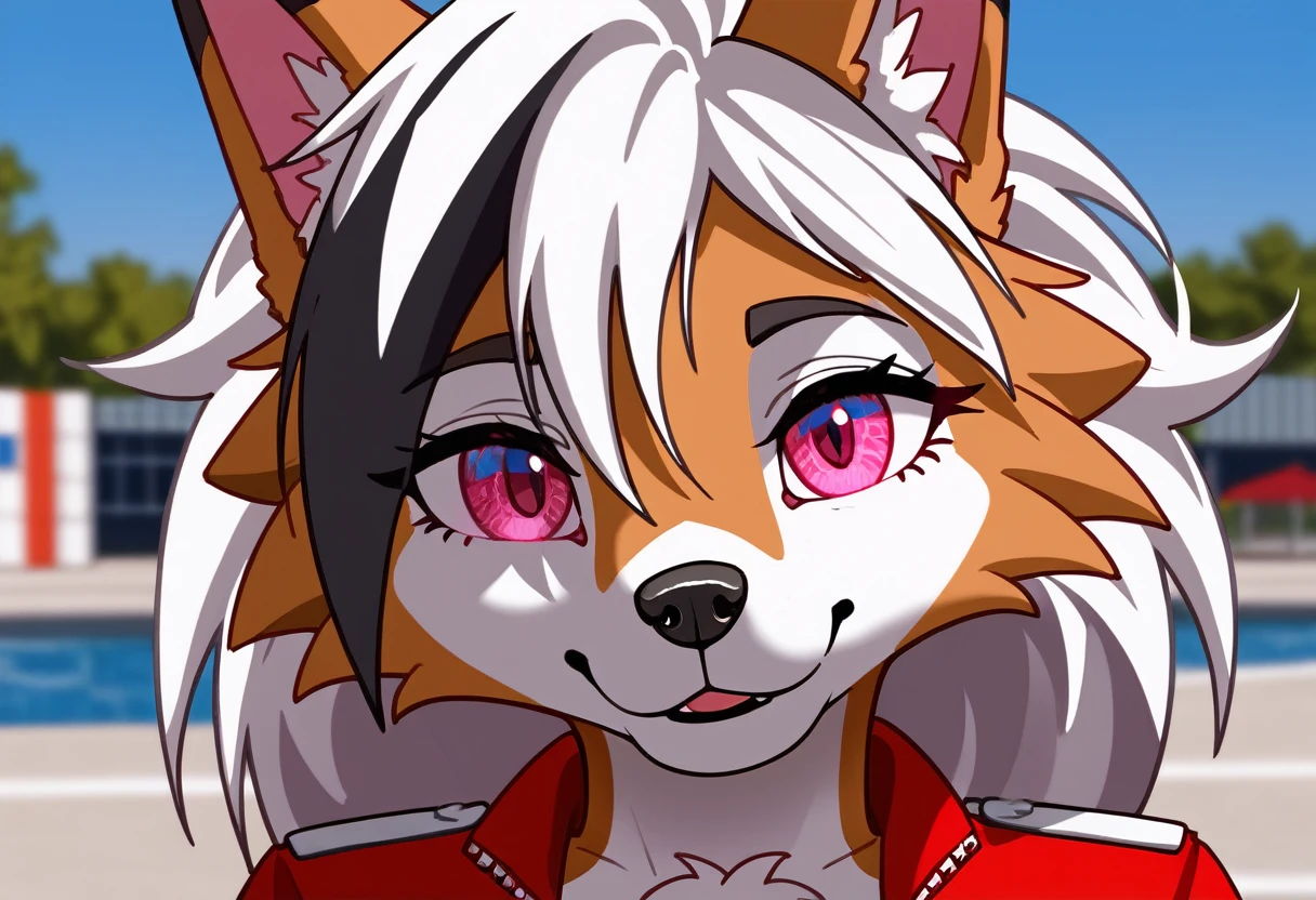 (Masterpiece), (Best quality), (Anthro Frey:1.3, Khartoum:1.2, Anthro:1.3, Frey:1.2, Solo female:1.2), (extremely deTailed:1.3),(Checkpoint model:1.3),(deTailed eye,pink eye),midnight lycanrock, Looking at the viewer, Dog face, Dog nose, Dogs mouth, Lycanroc's beautiful face, pink eye, Medium breast, Tail, ((Best quality, 8 k, tMasterpiece:1.3)), sharp:1.2, Perfect personality, beautiful woman:1.4, Slim abs:1.2, ((split:1.2)),Highly deTailed facial and skin texture,A deTailed eye,Double eyelid , Wearing a tanktop , In the garden,Close up nude with no clothes visible genitals, Sitting on a bed ,house background