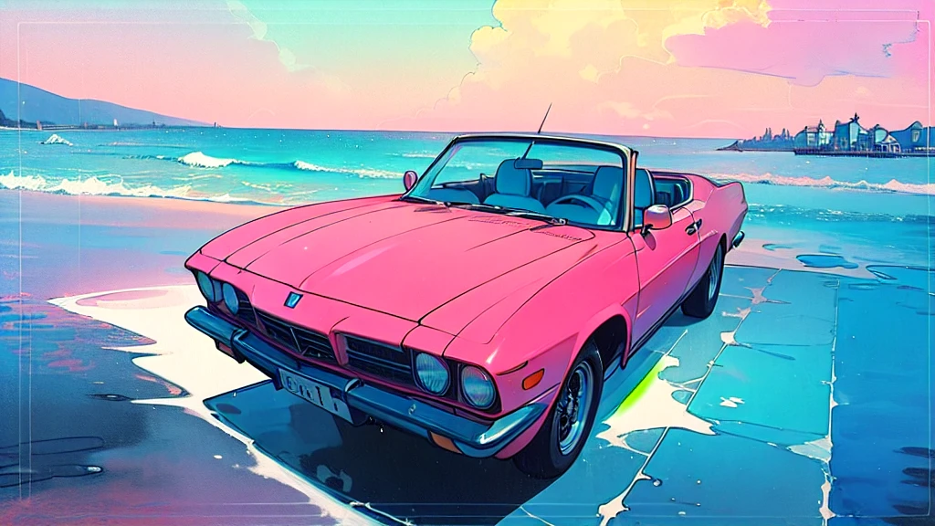 (watercolor), (low contrast), (classic car), (seaside)