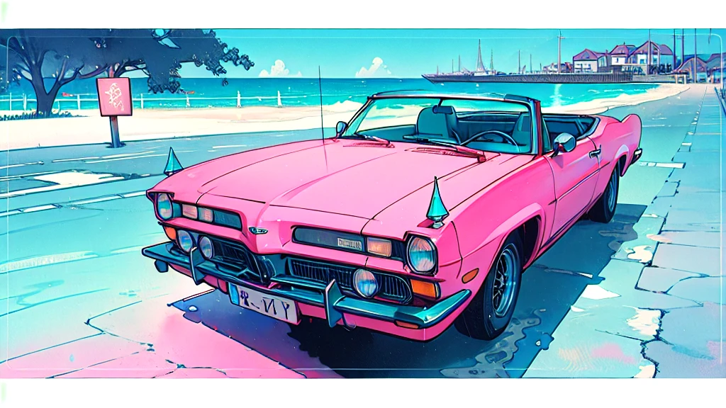 (watercolor), (low contrast), (classic car), (seaside)