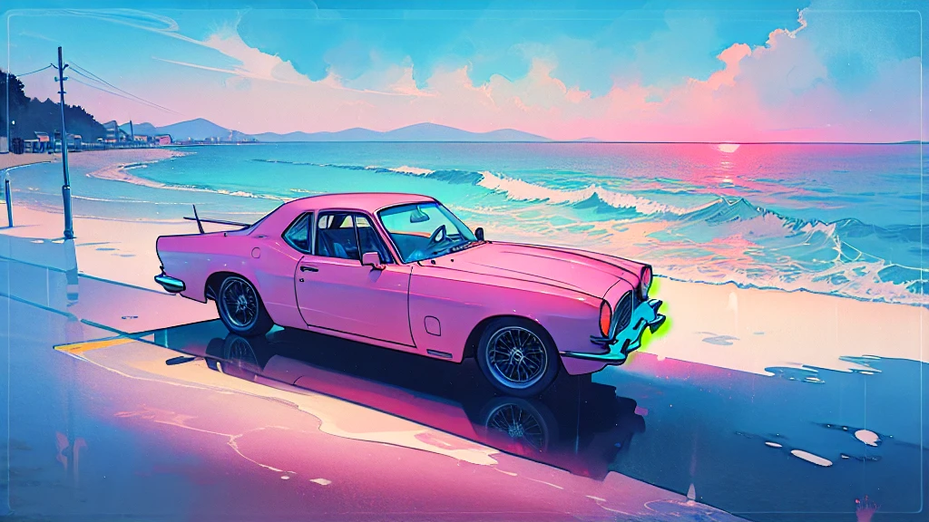 (watercolor), (low contrast), (classic car), (seaside)