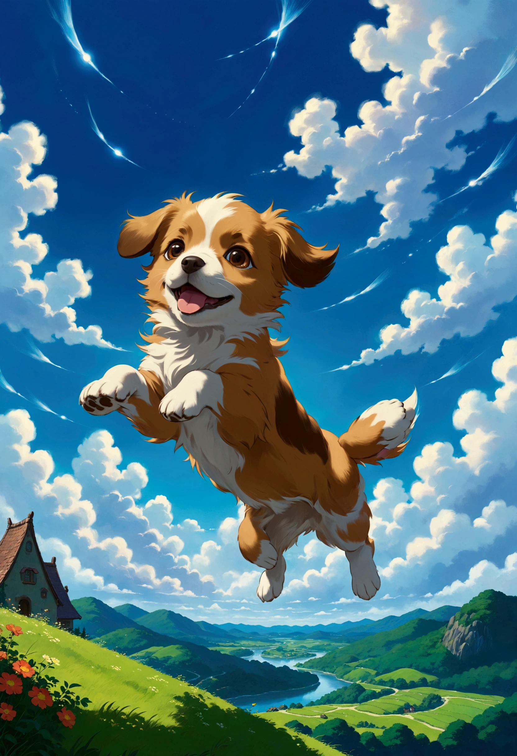Create a breathtaking, ultra-high-definition image in 16K resolution that captures the whimsical and magical essence of a fantasy world, inspired by the art style of Studio Ghibli. |Visualize a cute flying puppy, its body gracefully gliding through the sky. The puppy's fur should be a rich shade of brown with intricate patterns and markings, giving it a happy, magical appearance. Its eyes are expressive, reflecting a sense of curiosity and loyalty. | The scene is set in a vast, open sky filled with fluffy, painterly clouds that evoke a sense of wonder and tranquility. Below, the landscape is a lush, verdant world with rolling hills, dense forests, and sparkling rivers, reminiscent of Studio Ghibli's enchanting backgrounds. The lighting is soft and warm, with rays of sunlight filtering through the clouds, casting a golden glow on the flying puppy and the scenery below.| Capture the puppy in a dynamic pose as it soars majestically through the sky. The camera angle should emphasize the puppy's cuteness and the vastness of the sky, creating a sense of magic and wonder. The puppy's body should have a textured, almost tactile quality, with detailed fur patterns that highlight its fantastical nature. | The overall ambiance should integrate vibrant colors and rich details, creating a sense of depth and immersion in the fantasy world. Ensure anatomical correctness, with a focus on ultra-detailed textures and high-quality rendering, capturing every nuance of the puppy's appearance and the ethereal beauty of its surroundings. This masterpiece should embody the spirit of adventure and magic, immersing viewers in its lifelike depiction. |  ((perfect_composition, perfect_design, perfect_layout, perfect_detail, ultra_detailed)), ((enhance_all, fix_everything)), More Detail, Enhance.