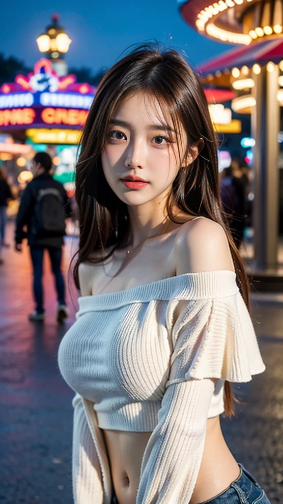 best quality, masterpiece, ultra high resolution, (reality: 1.4), original photo, one girl, 23 years old:1.2, Off-shoulder in vivid colors, Cinema Lighting、portrait、amusement park at night、big bust