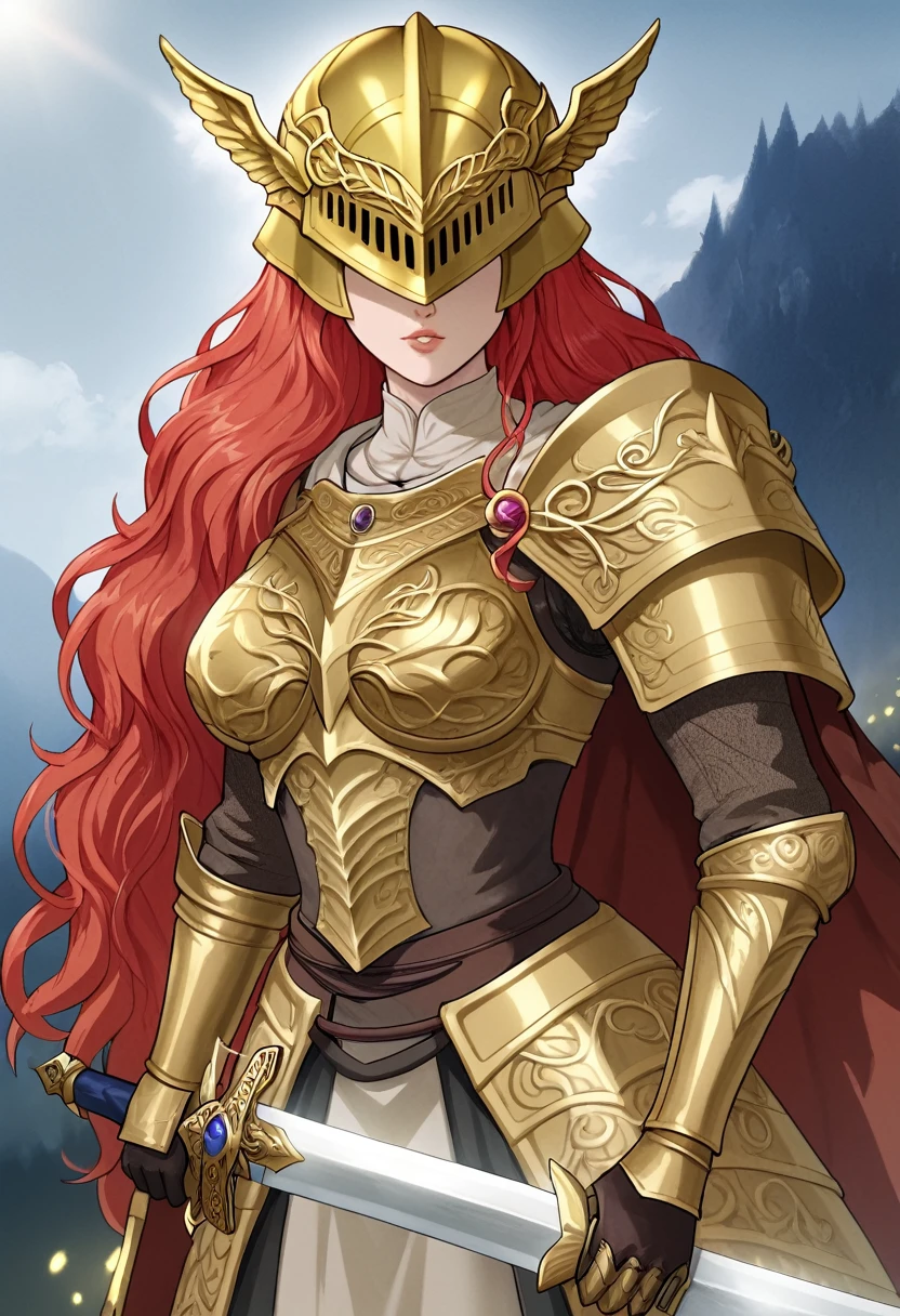 Malenia blade of Miquella from Elden Ring, Red hair, golden helmet, Golden Armor, Sword, not visibles eyes, menacing girl. no background. Masterpiece, UHD
