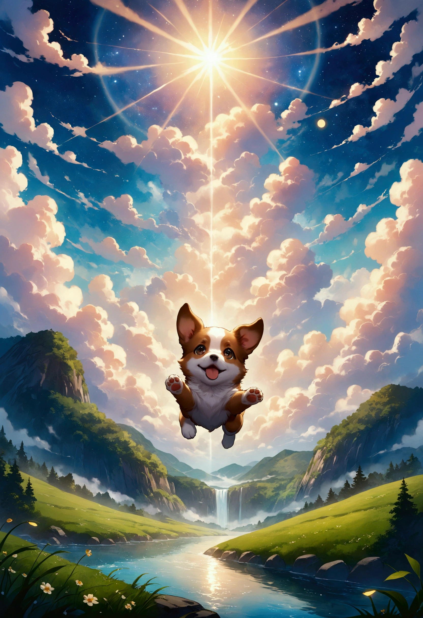 Create a breathtaking, ultra-high-definition image in 16K resolution that captures the whimsical and magical essence of a fantasy world, inspired by the art style of Studio Ghibli. |Visualize a cute flying puppy, its body gracefully gliding through the sky. The puppy's fur should be a rich shade of brown with intricate patterns and markings, giving it a happy, magical appearance. Its eyes are expressive, reflecting a sense of curiosity and loyalty. | The scene is set in a vast, open sky filled with fluffy, painterly clouds that evoke a sense of wonder and tranquility. Below, the landscape is a lush, verdant world with rolling hills, dense forests, and sparkling rivers, reminiscent of Studio Ghibli's enchanting backgrounds. The lighting is soft and warm, with rays of sunlight filtering through the clouds, casting a golden glow on the flying puppy and the scenery below.| Capture the puppy in a dynamic pose as it soars majestically through the sky. The camera angle should emphasize the puppy's cuteness and the vastness of the sky, creating a sense of magic and wonder. The puppy's body should have a textured, almost tactile quality, with detailed fur patterns that highlight its fantastical nature. | The overall ambiance should integrate vibrant colors and rich details, creating a sense of depth and immersion in the fantasy world. Ensure anatomical correctness, with a focus on ultra-detailed textures and high-quality rendering, capturing every nuance of the puppy's appearance and the ethereal beauty of its surroundings. This masterpiece should embody the spirit of adventure and magic, immersing viewers in its lifelike depiction. |  ((perfect_composition, perfect_design, perfect_layout, perfect_detail, ultra_detailed)), ((enhance_all, fix_everything)), More Detail, Enhance.