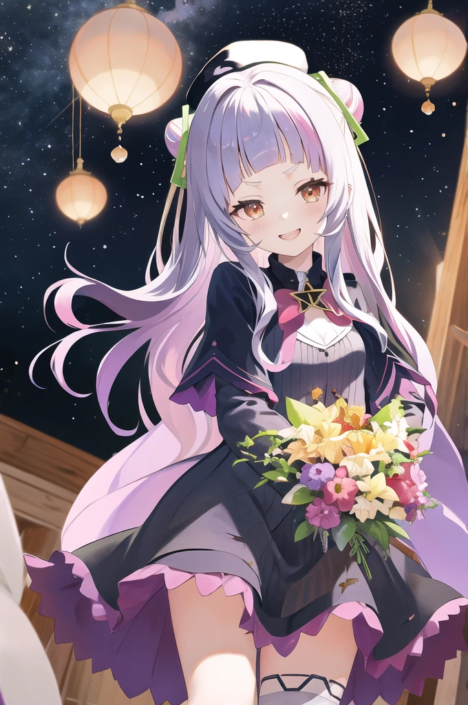 masterpiece、Highest quality、High resolution、Shion Murasaki、One girl、Long Hair、（One Bun：1.1）、Short eyebrows、Small breasts、hair band、Witch Hat、Pink bow tie、Black capelet、Pinstriped shirt、Long sleeve、abdomen、Black Skirt、triped knee socks、Ageing、Cowboy Shot、Are standing、Outdoor、smile、upper teeth、