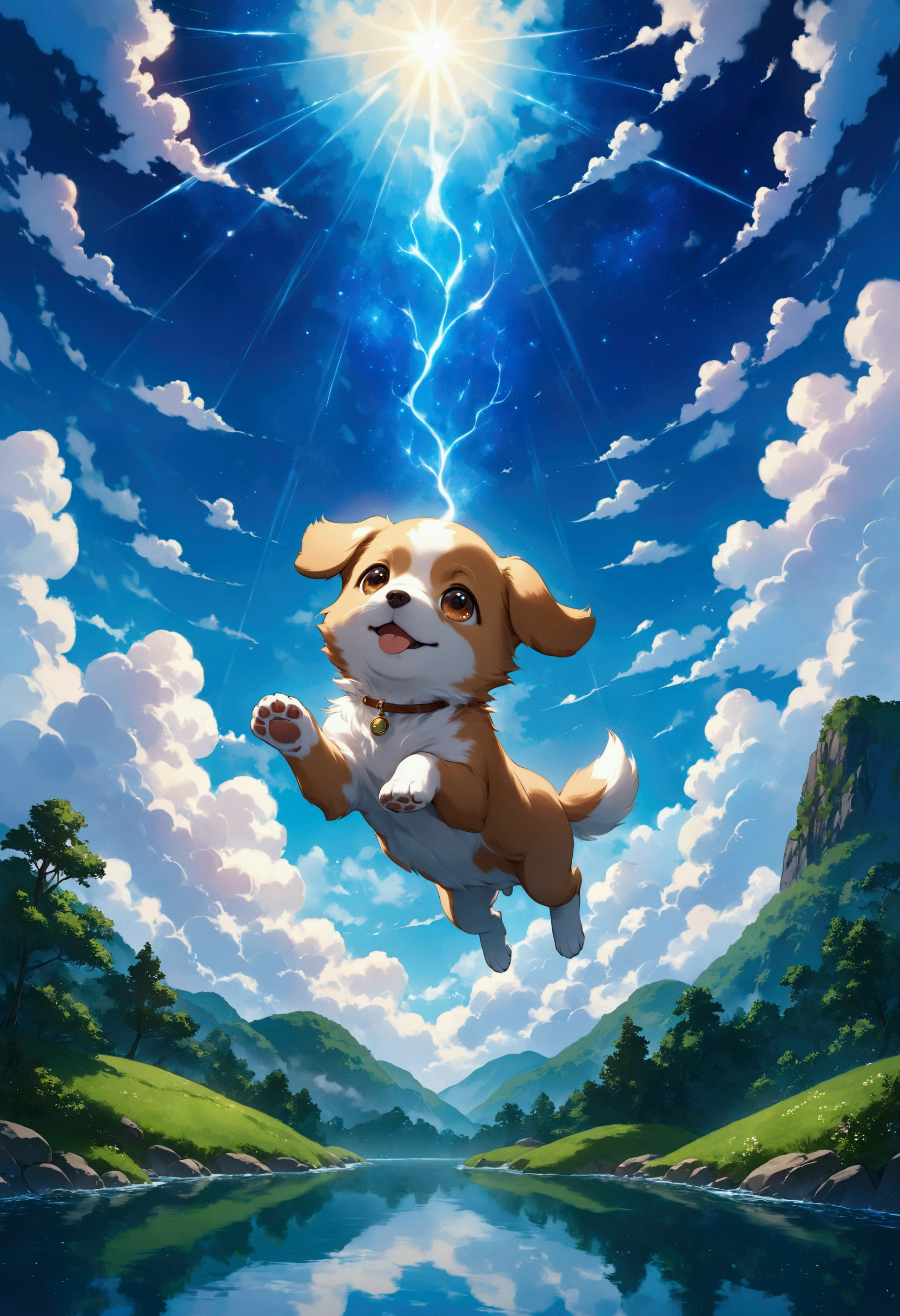 Create a breathtaking, ultra-high-definition image in 16K resolution that captures the whimsical and magical essence of a fantasy world, inspired by the art style of Studio Ghibli. |Visualize a cute flying puppy, its body gracefully gliding through the sky. The puppy's fur should be a rich shade of brown with intricate patterns and markings, giving it a happy, magical appearance. Its eyes are expressive, reflecting a sense of curiosity and loyalty. | The scene is set in a vast, open sky filled with fluffy, painterly clouds that evoke a sense of wonder and tranquility. Below, the landscape is a lush, verdant world with rolling hills, dense forests, and sparkling rivers, reminiscent of Studio Ghibli's enchanting backgrounds. The lighting is soft and warm, with rays of sunlight filtering through the clouds, casting a golden glow on the flying puppy and the scenery below.| Capture the puppy in a dynamic pose as it soars majestically through the sky. The camera angle should emphasize the puppy's cuteness and the vastness of the sky, creating a sense of magic and wonder. The puppy's body should have a textured, almost tactile quality, with detailed fur patterns that highlight its fantastical nature. | The overall ambiance should integrate vibrant colors and rich details, creating a sense of depth and immersion in the fantasy world. Ensure anatomical correctness, with a focus on ultra-detailed textures and high-quality rendering, capturing every nuance of the puppy's appearance and the ethereal beauty of its surroundings. This masterpiece should embody the spirit of adventure and magic, immersing viewers in its lifelike depiction. |  ((perfect_composition, perfect_design, perfect_layout, perfect_detail, ultra_detailed)), ((enhance_all, fix_everything)), More Detail, Enhance.