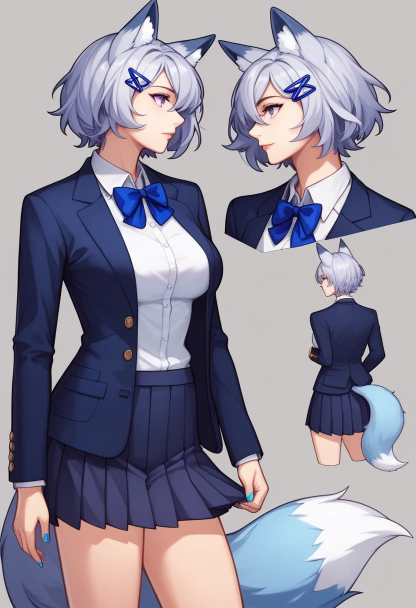 (masterpiece, best quality:1.2)((silver white hair))((violet eyes)),solo,1girl,((eyes tilted outwards)), ((standing_fox_ears)),((fluffy_fox_tail)), milf ,averting_eyes,hair_between_eyes,basic_blue_hairpin,blue_nail_polish,bob_hair,short_hair, (medium breasts), blue_girly_clothing, non_revealing_outfit, casual_clothing, pleated_skirt, blazer, (profile reference images)