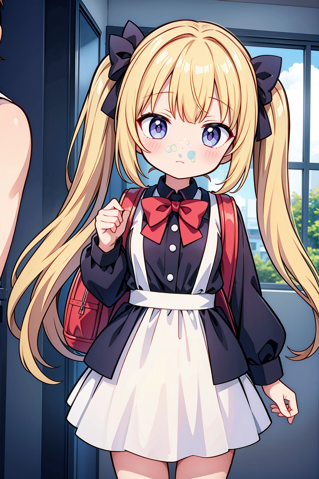 A masterpiece of two beautiful anime girls standing together, one with a backpack and a bow tie, in an anime moe artstyle. The scene should be in the style of Kantai Collection and Yuruyuri, with an ecchi anime influence. Both girls should have a cute anime style, with twintails and charming expressions. The image should be ultra detailed and of the best quality, capturing the essence of a cute anime visual. This artwork should be inspired by Jin Homura.