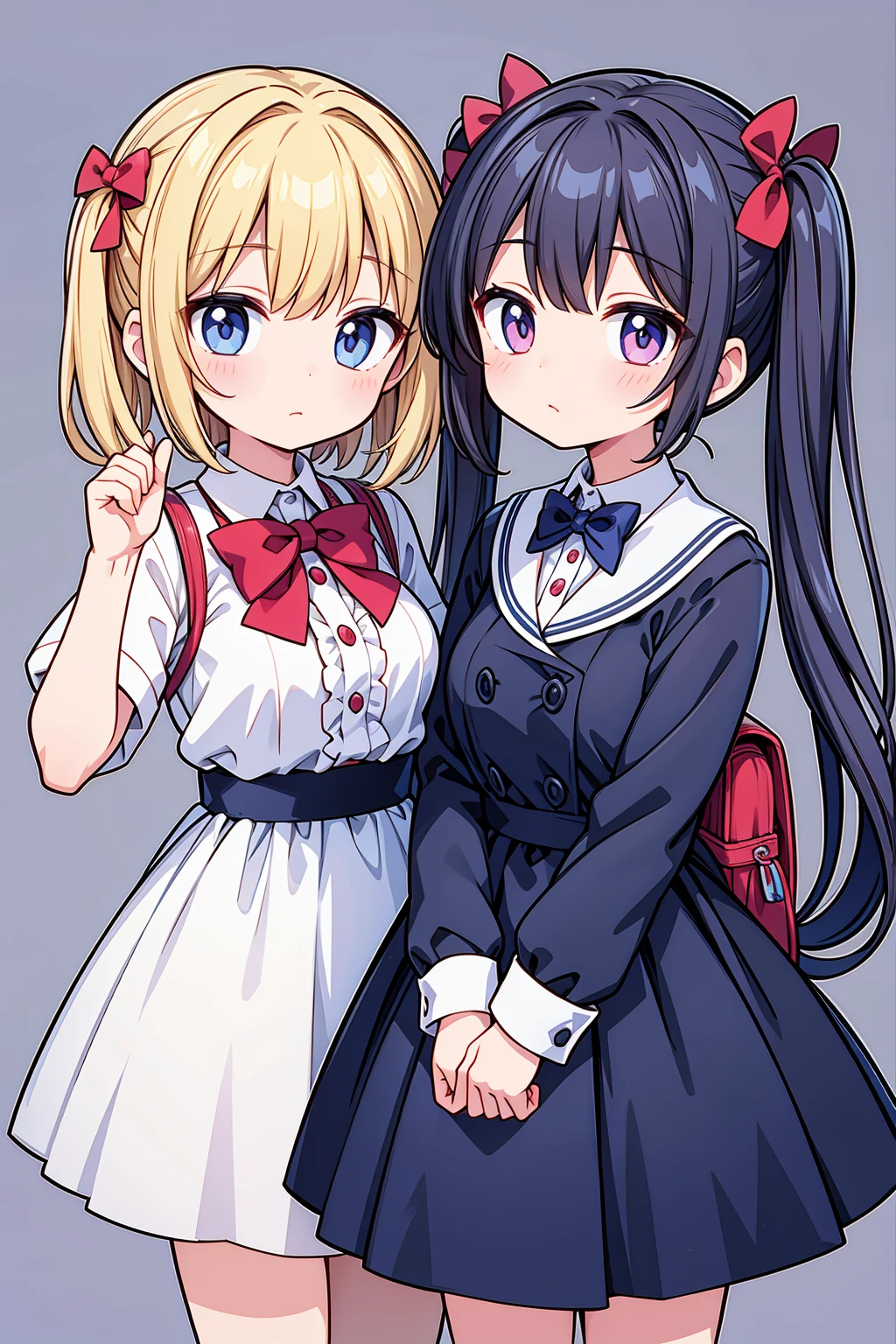 A masterpiece of two beautiful anime girls standing together, one with a backpack and a bow tie, in an anime moe artstyle. The scene should be in the style of Kantai Collection and Yuruyuri, with an ecchi anime influence. Both girls should have a cute anime style, with twintails and charming expressions. The image should be ultra detailed and of the best quality, capturing the essence of a cute anime visual. This artwork should be inspired by Jin Homura.