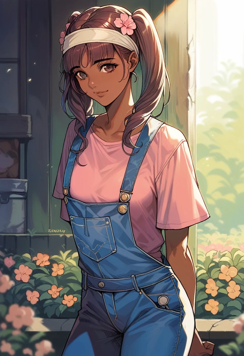 (((Masterpiece))), best quality, cowboy shot, perfect anatomy, realistic face, outdoors, sunny, warm sunlight, backlighting, dramatic lighting, painterly 1girl, twintails, long hair, solo, overalls, three quarter view, flower on head, headband, arms behind back, light smile, dark skin, dark skinned female, small breasts, pink shirt, 