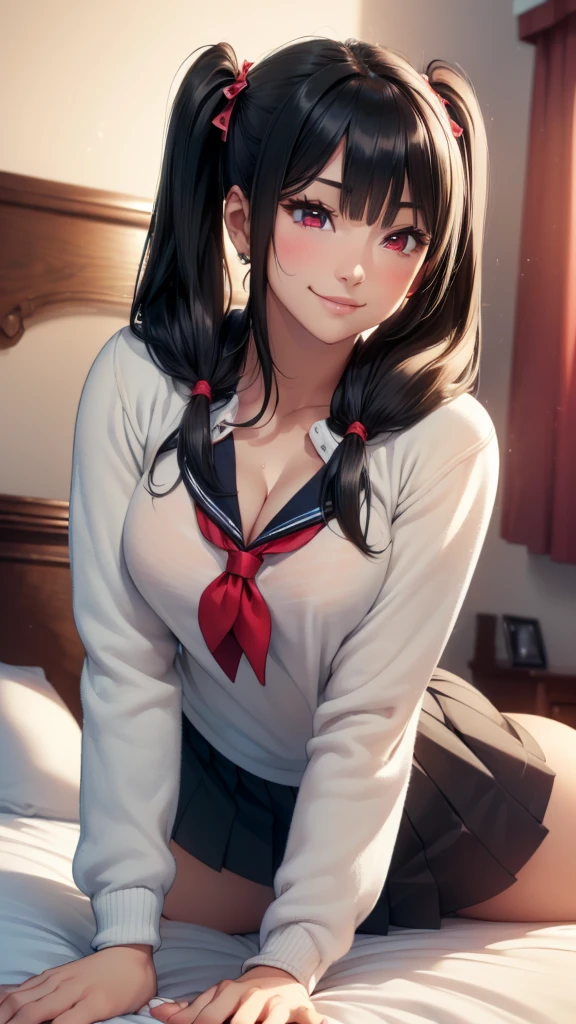 masterpiece, top-quality, the Extremely Detailed CG Unity 8K Wallpapers, Ultra-realistic 8kCG, erfect artwork, The perfect female figure, Dramatic shadows, (spot light, Perfect ligthing, Detailed light, (((1girl in))), ((Sharp face)), ((long black hair, twintail hair)), (((sexypose))), Model body type, Navel is visible, large full breasts, ((cute face)), (gently smiling: 1.2), (bangs, beautiful eyelashes), red eyes, Beautiful face, (beautiful chest line:1.2), (cleavage), beautiful a girl, Exquisite facial features depicting the perfect face, blushing, Naturally beautiful, Sweating, slenderbody, Light and beautiful thigh expression, hi-school girl, high-school uniform, a sailor suit, pleatedskirt, stockings, (((Laying on bed))), awardwinning photo, detaile, realistic light and shadow, 8K resolution, Professional Lighting, (glistning skin:0.9), perfect hand,