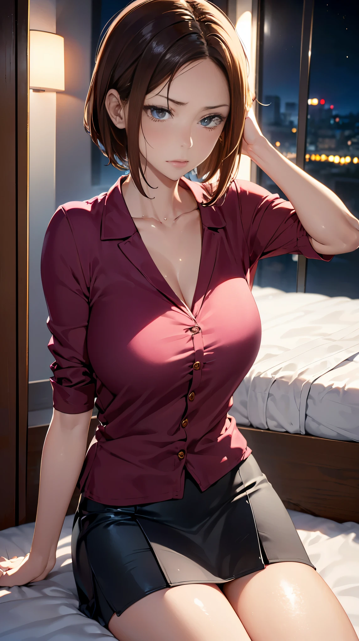Cinematic Lighting、(Key Light:Front 45 degree angle, Subsidy Light、Backlight、Shadow), Accurate human body、Knowledgeable person、Correct five-finger、 (((Oilskin,Glowing Skin、Realistic skin texture、Beautiful skin in every detail、Glowing Skin、Glowing Skin、小さくthinネックレス)))、Japanese sex hotel、Love Hotel, On the bed, lying On the bed, Spread your legs, The jacket is cute, Lightweight shirt., The chest is exposed, Beautiful woman in a red pencil slit mini skirt, Super mini tight skirt, Annoyed face:1.5, thin, Sexy pose, Correct eye position, Natural Skin, Backlight付き, Cinematic Light, Rim Light, Soft Light, Waist, At night, Background on the city side, detailed color graded background, Complex, Very detailed, Octane Rendering, High resolution, 8k、Lift your arms and show your armpits.、Open、((Irritation、regrettable、hatred、regret、It was scary)), Top View:1.3、alone, 1 girl