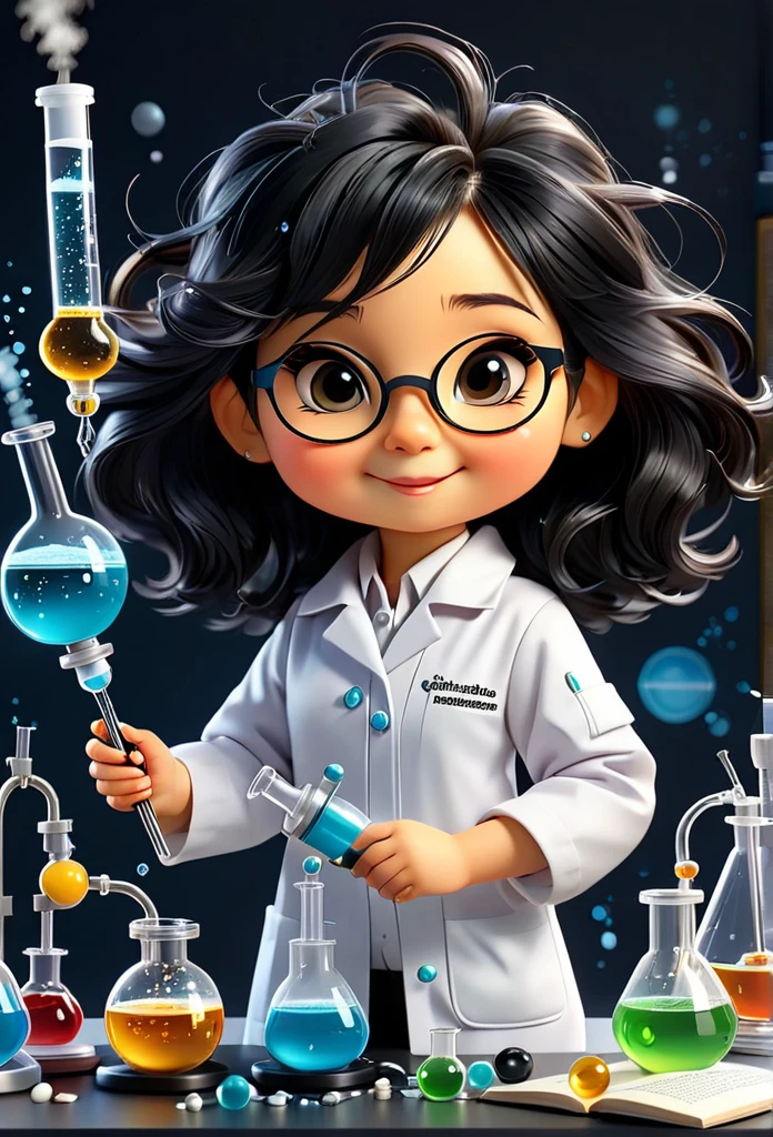 (((Chibi Baby UHD )))Chemistry Mascot, atoms, Molecules ,Has black hair , Blind box style and model with popular market style, The sunlight shines, , hyper qualit, sharp features, Ultra HD and 8K resolution,Cool Hand Drawn Illustration，fly away (Inside out disgusting), Create a series of best quality cute chibi dolls,ultra details,realisitic,Science Laboratory,Chemical experiment,ultra HD, chemical equipment,scientists working,cups,UHD Bunsen Burner ,Microscope,laboratory glassware,measuring cylinders,labcoats,Round nerd glasses ,science books,Periodic table,scientChibi Baby Chemistry MASCOT, atoms, Molecules ,Has black hair , Blind box style and model with popular market style, The sunlight shines, , hyper qualit, sharp features, Ultra HD and 8K resolution,Cool Hand Drawn Illustration，fly away (Inside out disgusting), Create a series of best quality cute chibi dolls,ultra details,realisitic,Science Laboratory,Chemical experiment,ultra HD, chemical equipment,scientists working,cups,UHD Bunsen Burner ,Microscope,laboratory glassware,measuring cylinders,labcoats,Round nerd glasses ,science books,Periodic table,scientific research,discoveries,new inventions,innovation,aprendizagem,education,Scientific culture wears coat with details of buttons and brooches , her coat is charming and cute with ultra chemical details ,Curiosidade,Technological advancements,swirly vibrant colors,soft lighting,modern laboratory,nerdy atmosphere,laboratory instruments,hypothesis testing,Scientific method,symbolic representation,Critical thinking,experiments ,precision,precision,Intricate details,impressive scientific setup,natural elements,exploration of the mysteries of science,unlocking the secrets of nature. Baby chibi is happy and excited, remember to use chemical laboratory glassware, The chalkboard behind the cute chibi baby is written the structure of caffeine in white chalk 18K UHDBlack hair, very long hair,