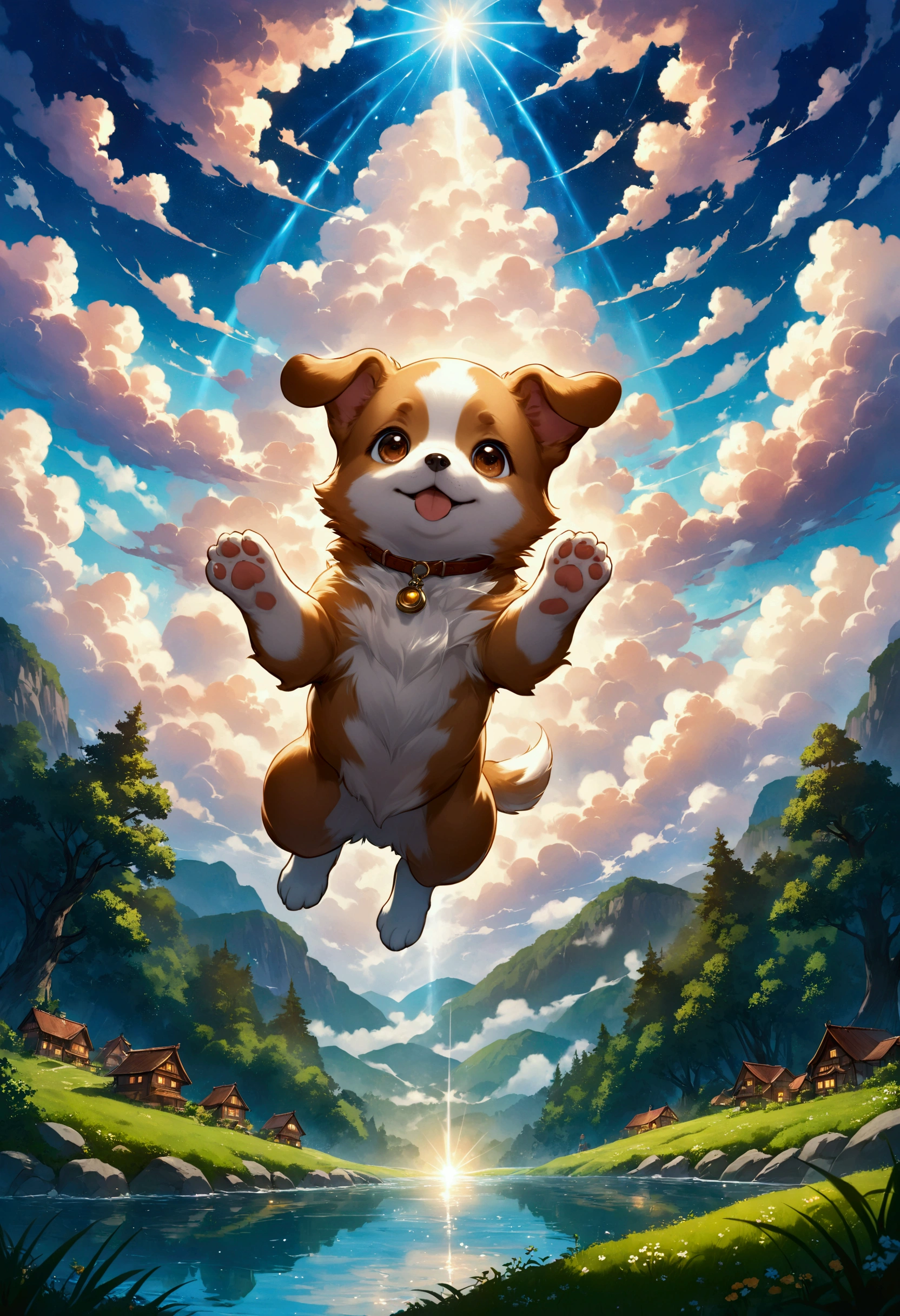 Create a breathtaking, ultra-high-definition image in 16K resolution that captures the whimsical and magical essence of a fantasy world, inspired by the art style of Studio Ghibli. |Visualize a cute flying puppy, its body gracefully gliding through the sky. The puppy's fur should be a rich shade of brown with intricate patterns and markings, giving it a happy, magical appearance. Its eyes are expressive, reflecting a sense of curiosity and loyalty. | The scene is set in a vast, open sky filled with fluffy, painterly clouds that evoke a sense of wonder and tranquility. Below, the landscape is a lush, verdant world with rolling hills, dense forests, and sparkling rivers, reminiscent of Studio Ghibli's enchanting backgrounds. The lighting is soft and warm, with rays of sunlight filtering through the clouds, casting a golden glow on the flying puppy and the scenery below.| Capture the puppy in a dynamic pose as it soars majestically through the sky. The camera angle should emphasize the puppy's cuteness and the vastness of the sky, creating a sense of magic and wonder. The puppy's body should have a textured, almost tactile quality, with detailed fur patterns that highlight its fantastical nature. | The overall ambiance should integrate vibrant colors and rich details, creating a sense of depth and immersion in the fantasy world. Ensure anatomical correctness, with a focus on ultra-detailed textures and high-quality rendering, capturing every nuance of the puppy's appearance and the ethereal beauty of its surroundings. This masterpiece should embody the spirit of adventure and magic, immersing viewers in its lifelike depiction. |  ((perfect_composition, perfect_design, perfect_layout, perfect_detail, ultra_detailed)), ((enhance_all, fix_everything)), More Detail, Enhance.