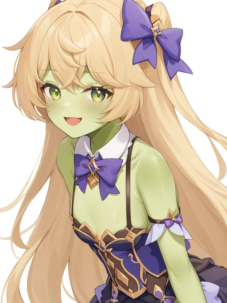 1 girl, Fischl_\(Genshin Impact_Influence\), Solitary, Eyepexistch, , two_side_up, Blonde_hair, long_hair, Watching_exist_Viewer, bow, Smile, Open_Mouth, garter_Shoulder Straps, only_Shoulder, purple_bow, White_background, Bangs, bowtie, hair_Exceed_one_Eye, feexisthers, hair_Ribbon, Ribbon, skirt, simple_background, Skin of color，Green Skin，Green Skin，Green Skin，whole body，Green Skin，Zombification，Green Skin，坐exist床上