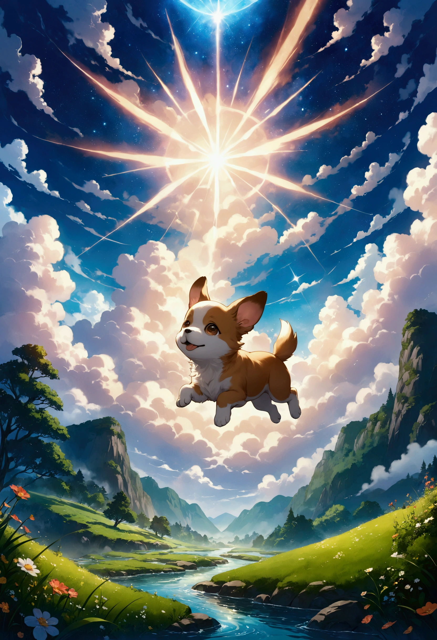 Create a breathtaking, ultra-high-definition image in 16K resolution that captures the whimsical and magical essence of a fantasy world, inspired by the art style of Studio Ghibli. |Visualize a cute flying puppy, its body gracefully gliding through the sky. The puppy's fur should be a rich shade of brown with intricate patterns and markings, giving it a happy, magical appearance. Its eyes are expressive, reflecting a sense of curiosity and loyalty. | The scene is set in a vast, open sky filled with fluffy, painterly clouds that evoke a sense of wonder and tranquility. Below, the landscape is a lush, verdant world with rolling hills, dense forests, and sparkling rivers, reminiscent of Studio Ghibli's enchanting backgrounds. The lighting is soft and warm, with rays of sunlight filtering through the clouds, casting a golden glow on the flying puppy and the scenery below.| Capture the puppy in a dynamic pose as it soars majestically through the sky. The camera angle should emphasize the puppy's cuteness and the vastness of the sky, creating a sense of magic and wonder. The puppy's body should have a textured, almost tactile quality, with detailed fur patterns that highlight its fantastical nature. | The overall ambiance should integrate vibrant colors and rich details, creating a sense of depth and immersion in the fantasy world. Ensure anatomical correctness, with a focus on ultra-detailed textures and high-quality rendering, capturing every nuance of the puppy's appearance and the ethereal beauty of its surroundings. This masterpiece should embody the spirit of adventure and magic, immersing viewers in its lifelike depiction. |  ((perfect_composition, perfect_design, perfect_layout, perfect_detail, ultra_detailed)), ((enhance_all, fix_everything)), More Detail, Enhance.