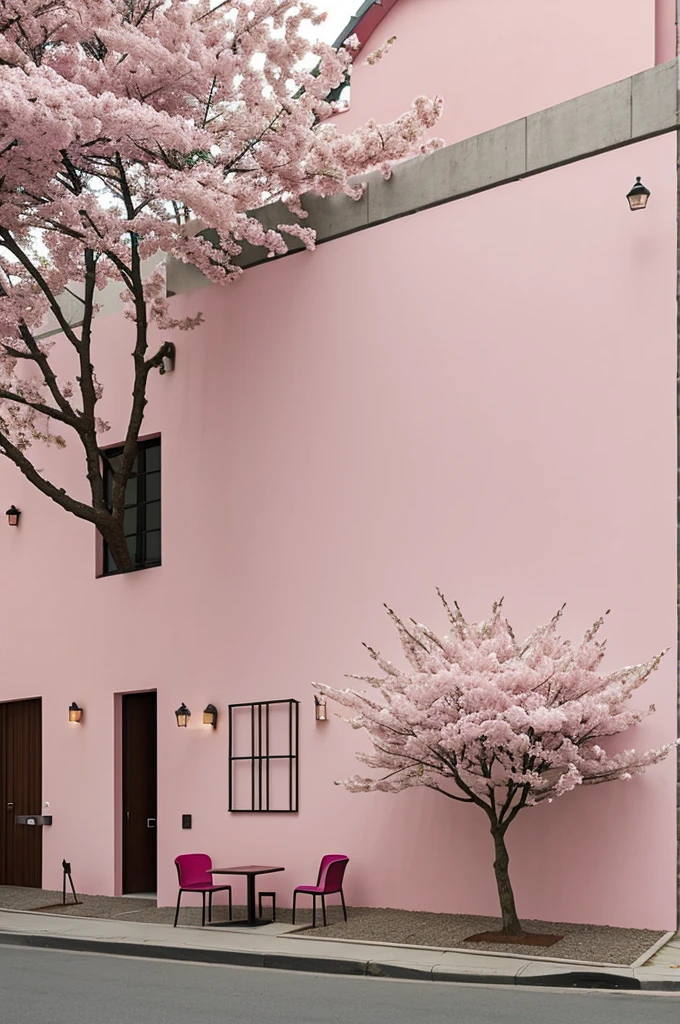 A wall with a pink cherry tree, design for a cafe