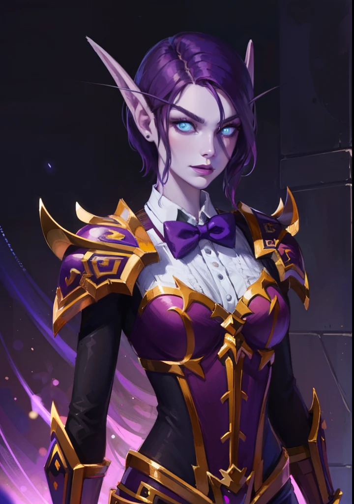 (8K, RAWphotograph, highest quality, masterpiece:1.2), High resolution, Super detailed, intricate details, disorganized, masterpiece, break , beautiful detailed woman, beautifully detailed mouth, highly detailed eyes and face, beautiful and fine eyes, (1girl, purple hair, short hair, spiral eyes, lustful eyes, smirk) (digital) (looking at viewer) (body facing viewer) (standing), (Purple Forest background), (bow tie) (purple pants) (purple tuxedo)) , best quality, blue eyes, pointy ears, colored skin, blue skin, armor, Purple armor, gold trim, voidelf
