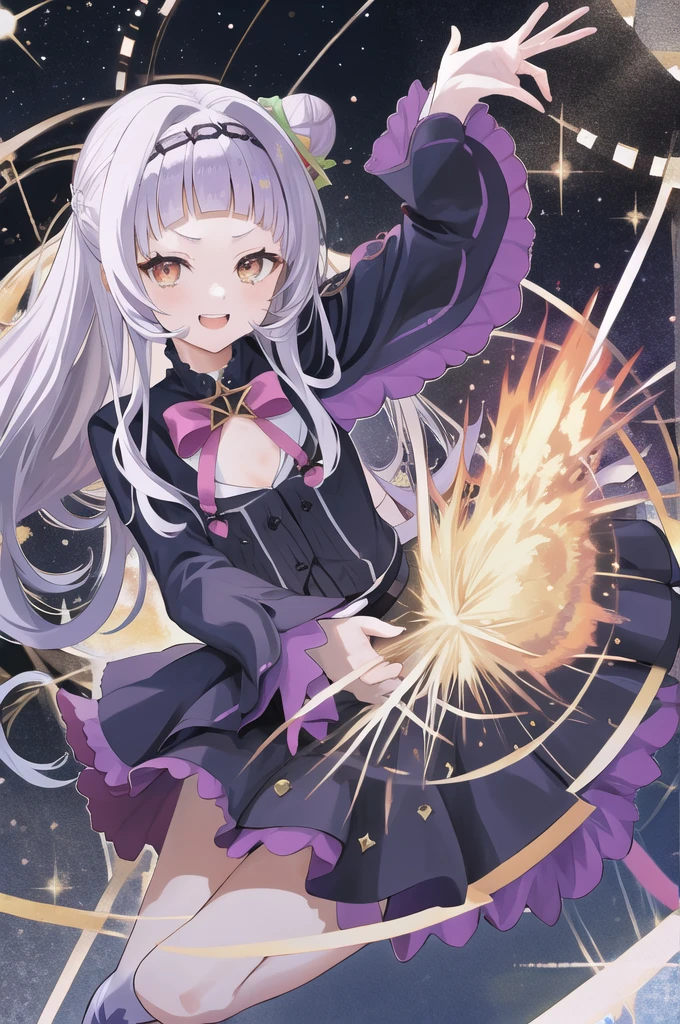 masterpiece、Highest quality、High resolution、Shion Murasaki、One girl、Long Hair、（One Bun：1.1）、Short eyebrows、Small breasts、hair band、Witch Hat、Pink bow tie、Black capelet、Pinstriped shirt、Long sleeve、abdomen、Black Skirt、triped knee socks、Ageing、Cowboy Shot、Are standing、Outdoor、smile、upper teeth、