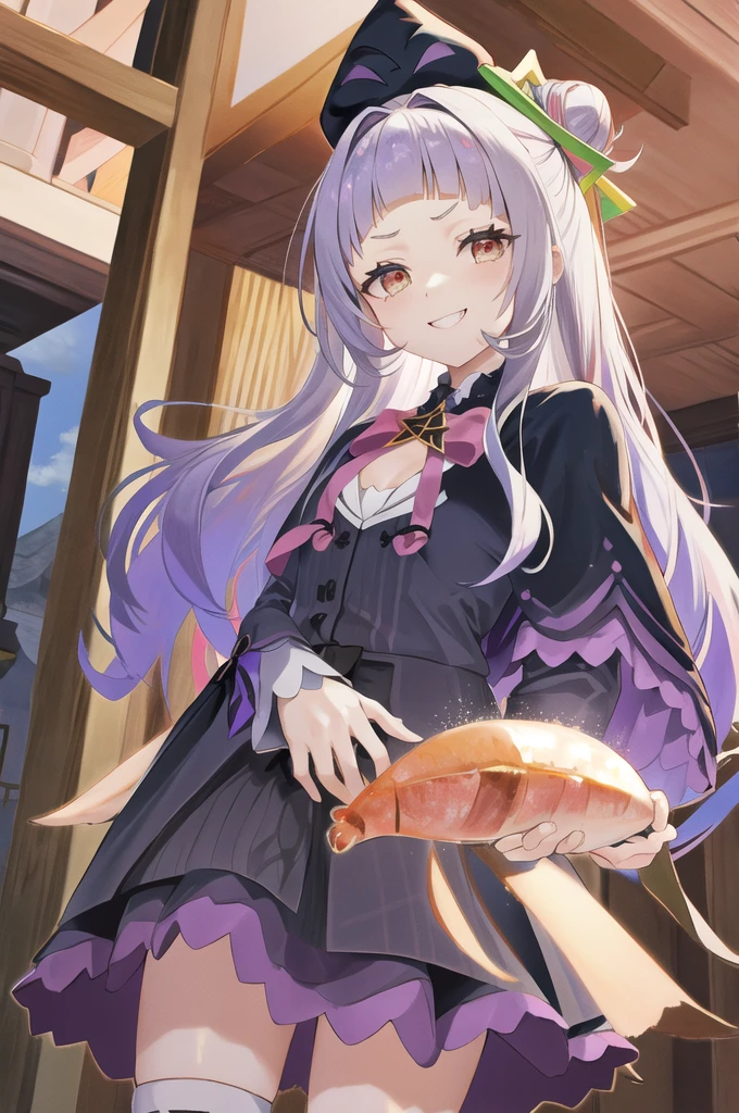 masterpiece、Highest quality、High resolution、Shion Murasaki、One girl、Long Hair、(One Bun:1.1)、Short eyebrows、Small breasts、hair band、Witch Hat、Pink bow tie、Black capelet、Pinstriped shirt、Long sleeve、abdomen、Black Skirt、triped knee socks、Ageing、Cowboy Shot、Are standing、Outdoor、smile、upper teeth、