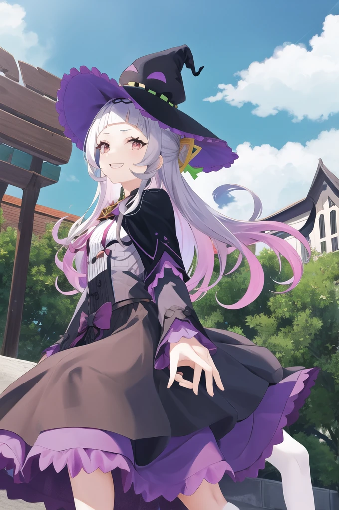 masterpiece、Highest quality、High resolution、Shion Murasaki、One girl、Long Hair、(One Bun:1.hort eyebrows、Small brear band、Witch Hat、Pink bow tie、Black capelet、Pinstriped shirt、Long sleeve、abdomen、Black Skirt、triped knee socks、Ageing、Cowboy Shot、Are st、Outdoor、smile、upper teeth、