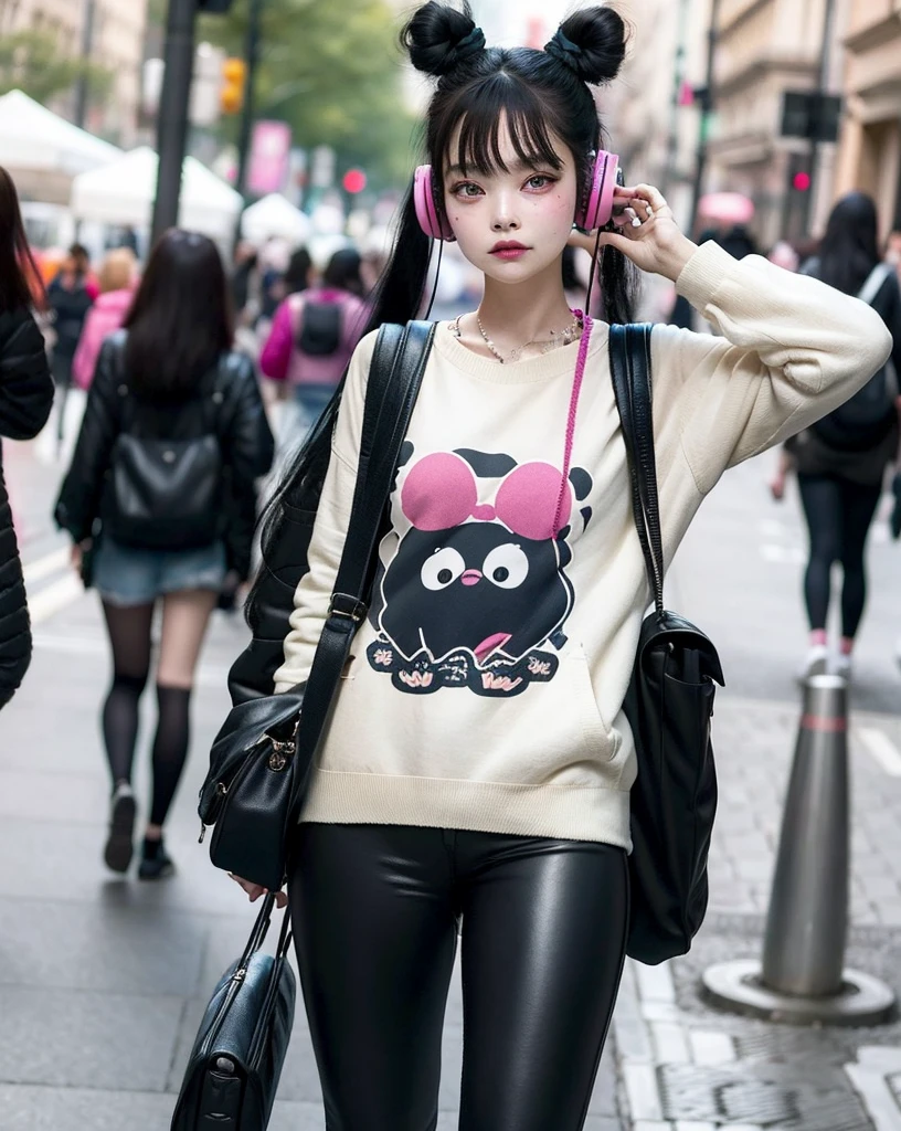 There's a girl with headphones and a pair of leggings, linda Delphine, com fones de ouvido, com fones de ouvido, usando fones de ouvido de gato, e 2K Cutecore Clowncore, Fones de ouvido rosa, E - , e-menina, Usando fones de ouvido, Ulzzang, Parque Roseanne do Blackpink, cabelo rosa twintail e olhos cianos,  lofi