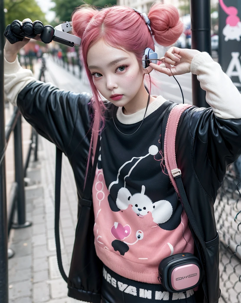 There's a girl with headphones and a pair of leggings, linda Delphine, com fones de ouvido, com fones de ouvido, usando fones de ouvido de gato, e 2K Cutecore Clowncore, Fones de ouvido rosa, E - , e-menina, Usando fones de ouvido, Ulzzang, Parque Roseanne do Blackpink, cabelo rosa twintail e olhos cianos,  lofi