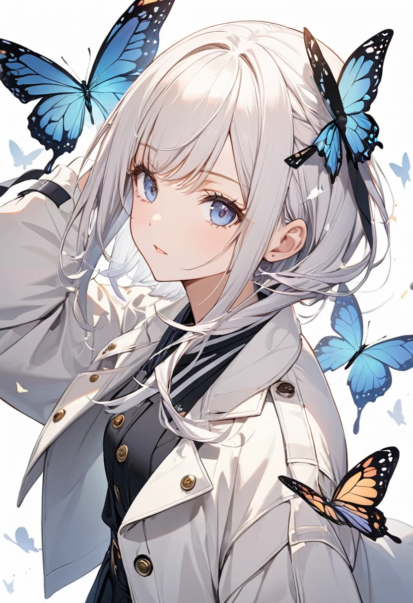 Butterflies are flying、Facing at an angle、1girl, stylish, stylish code, large jacket, simple white background
