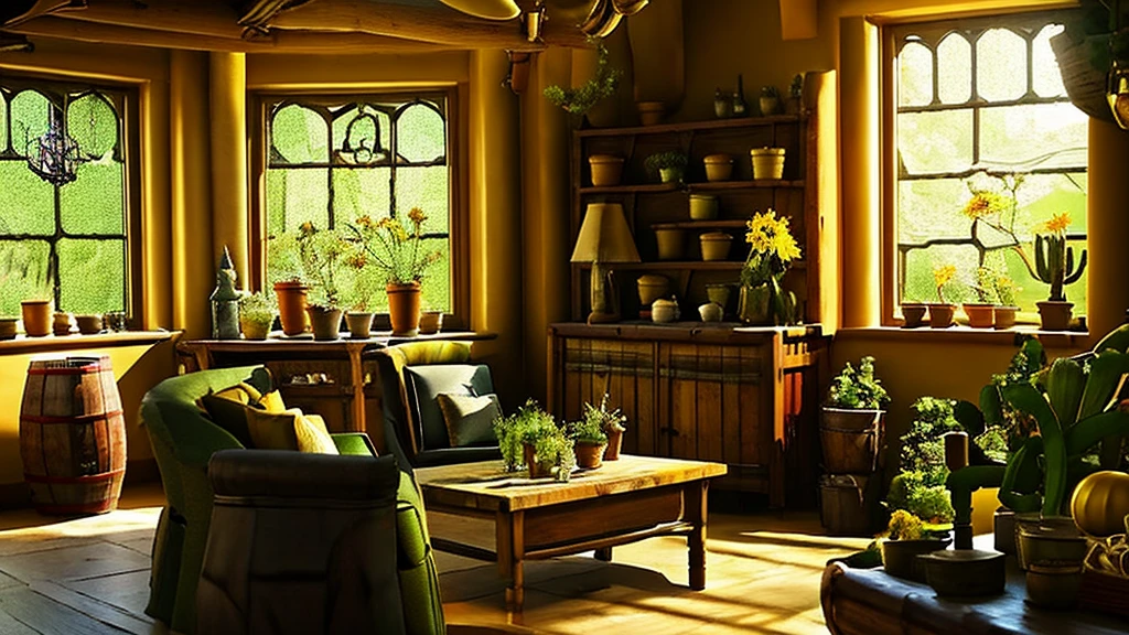 Hufflepuff Common Room,Fantasy,yellow,Fantasy,Cozy rooms,Barrels are stacked,Low ceiling,Round window,Bright atmosphere,Potted cacti,Vines growing from the window,flower,plant,Wooden desk,yellowの柔らかいソファ,Hogwarts,Harry potter