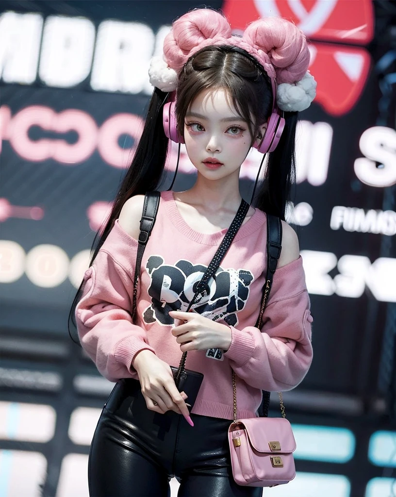There's a girl with headphones and a pair of leggings, linda Delphine, com fones de ouvido, com fones de ouvido, usando fones de ouvido de gato, e 2K Cutecore Clowncore, Fones de ouvido rosa, E - , e-menina, Usando fones de ouvido, Ulzzang, Parque Roseanne do Blackpink, cabelo rosa twintail e olhos cianos, lofi