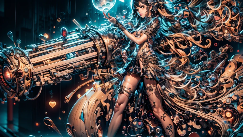 An ultra-realistic and ultra-detailed, Extra- Vibrant, (Legendary Vivid Neon Multicolored Psychedelic Masterpiece), ((It Is RAINING Outside)), ((full body portrait)), (Dynamic Angle), best quality, (Angled View), 1girl, Holding A Massive Gun, She is a Gorgeous Caucasian lady, ringed silver eyes, Calm, thin body, slim waist, small breasts, (bare legs), Awesome Black Hair, a confident smile, beautiful, dramatic, (Multitude Of Stars), Rain Is Falling,  ((an ultra-detailed background)), (beautiful eyes and face), highest possible resolution, 8k UHD, perfect anatomy, perfect fingers, Highly detailed scenery, Highly detailed background, perspective, depth of field, atmospheric