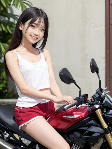 Japanese female, a lot of details, (underweight), 30 years old, detailed black hair, beautiful detailed hair, super fucking beautiful, delicate beautiful face, complex details beautiful and delicate eyes, perfect hands, (flat chest best quality:1.5), perfect and delicate limbs, detailed skin, best quality, ultra-detailed,(cheerful grin:1.5),
street, (KAWASAKI super sports motorcycle:1.1), (riding motorcycle), (red shorts), (white tank top), in the city, (low angle shot:1.1)