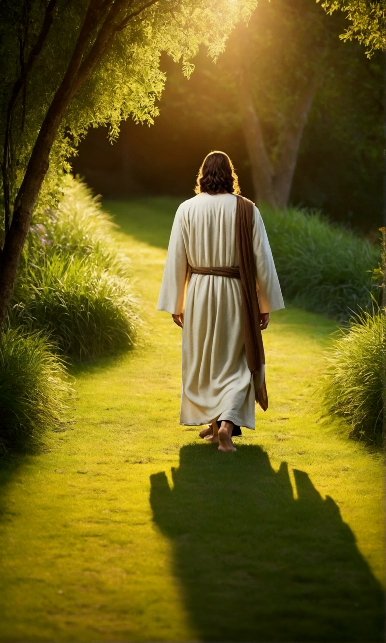 Jesus Christ walking next to a person, on A GRASS PATH warm natural environment, ILLUMINATED PATH, FROM BACK CHRISTIAN STYLE