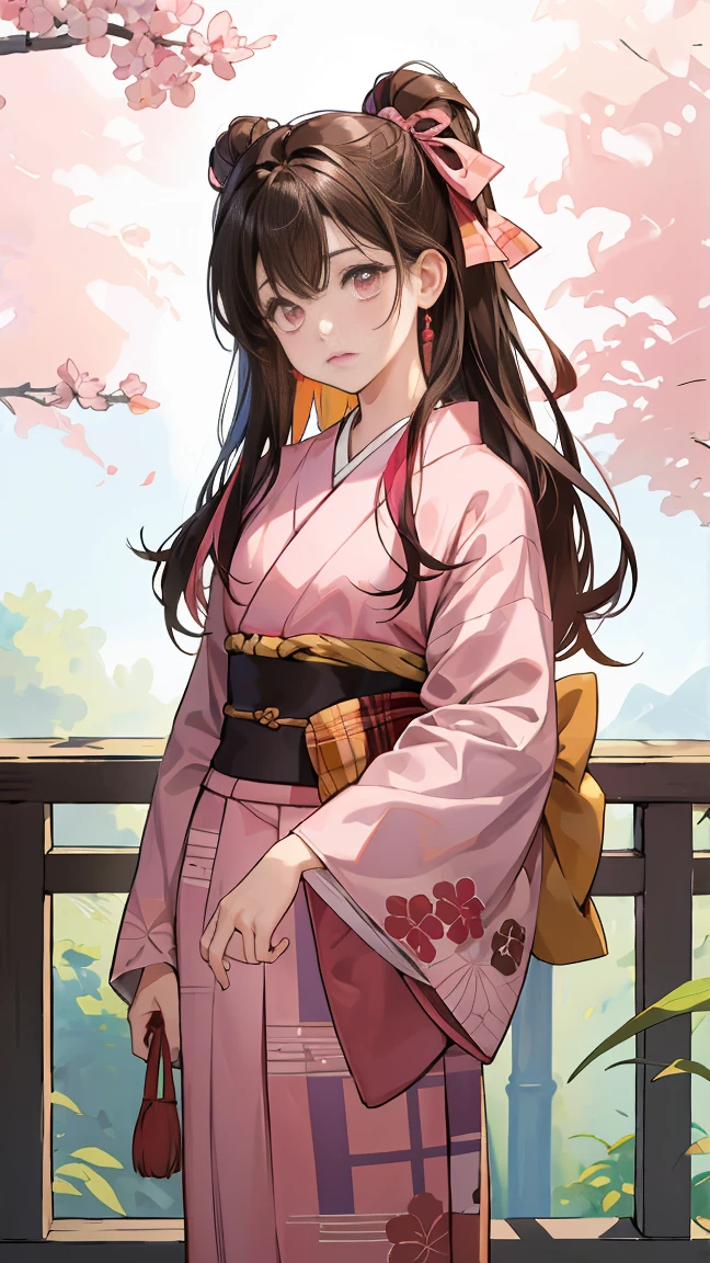 masterpiece, Highest quality, High resolution, Venus 1, One girl, alone, Tsuko Kamato, bamboo, gag, hair (brown), Plaid belt, gag, gag, Gradient hair, hair ribbon, Haori, Japanese Clothing, Very short kimono, Long hair, Looking at the audience, Multicolored hair, Pink Eyes, Very short pink kimono, Pink ribbon, ribbon, alone, (((masterpiece)), amount, Are standing, She&#39;s cute when she puffs out her cheeks,  anger, Eyes Wide Open, very wide hips, The thighs are very thick