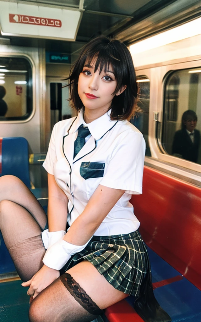commute、woman、suit、Inside the train、sit on the other side、skirt、uniform、thighs、spread your legs a little、tights、I can see my pants through the gap between my legs、short hair、sit in front、Glowing eyes、